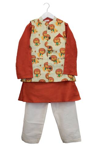 Kids Lane Lion Print Jacket With Kurta & Pyjama