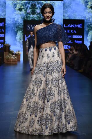 SVA by Sonam & Paras Modi Embroidered one shoulder top with printed lehenga