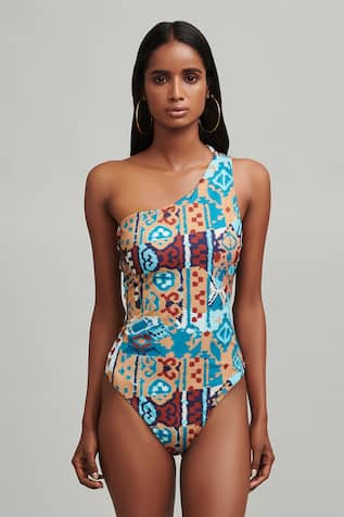 Dash and Dot Tribal Print One Shoulder Swimsuit