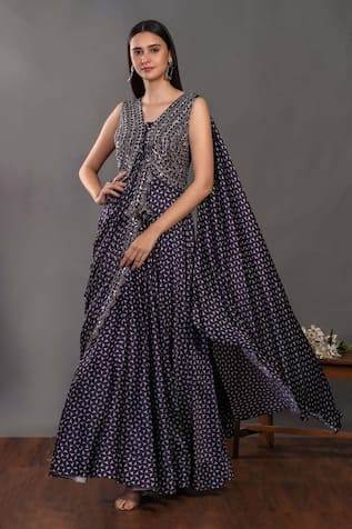 printed saree gown design