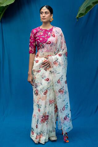 Pita Nila Floral Print Silk Organza Saree With Blouse