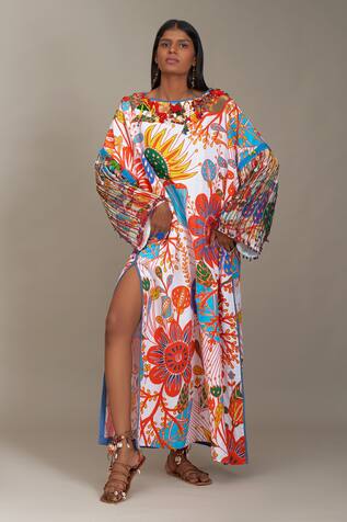 Payal Jain Linen Floral Print Kaftan Dress