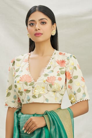 Pranay Baidya Cotton Embroidered Saree Blouse