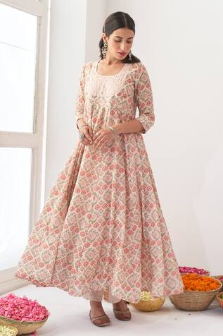Negra Elegante Peony Printed Anarkali & Pant Set