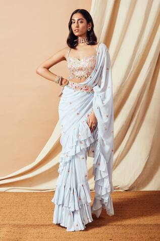 Tamanna Punjabi Kapoor Mirror Embroidered Ruffle Saree With Blouse
