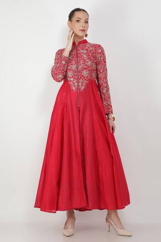 Jajaabor Silk Chanderi Jacket Anarkali & Pant Set
