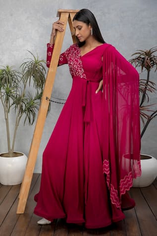 Isha Gupta Tayal V Neck Draped Sleeve Gown