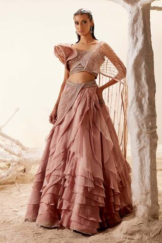 Adaara Couture Metallic Lush Draped Top & Layered Skirt
