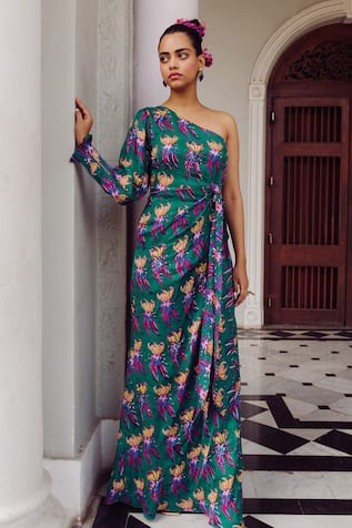 Jodi Mahbub Block Print One Shoulder Dress