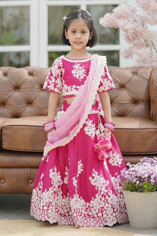 Fayon Kids Silk Floral Embroidered Lehenga Set