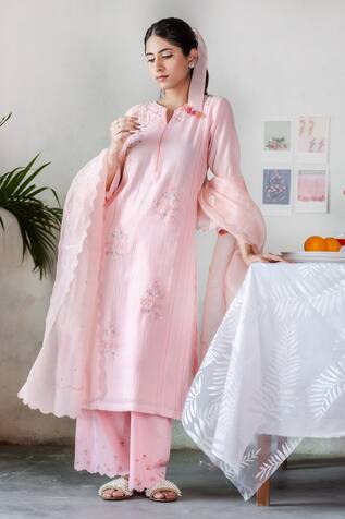 Beige Chanderi Embroidered Kurta Set