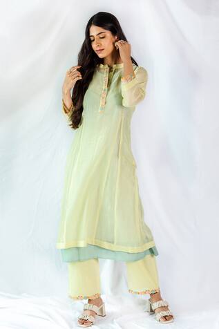 Beige Chanderi Panelled Sheer Kurta Set