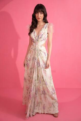 Mani Bhatia Floral Print Cut-Out Gown