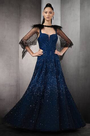Rohit Gandhi + Rahul Khanna Crystal Embellished Gown With Cape