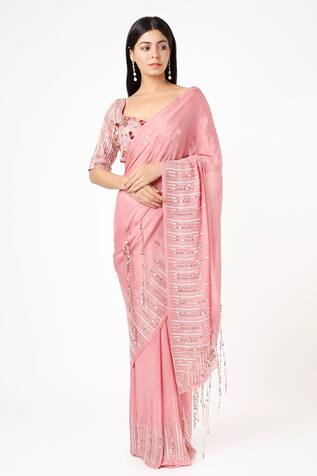 Pink Peacock Couture Tassel Embroidered Saree With Blouse