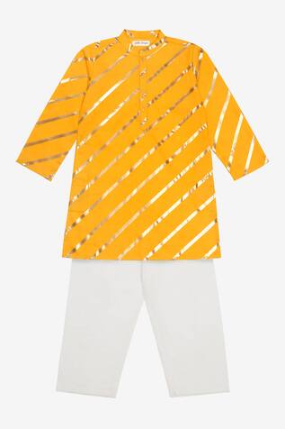 Yellow Foil Print Kurta Set For Boys