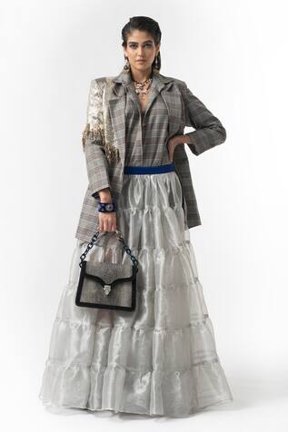 Rara Avis Checkered Blazer & Tiered Skirt Set