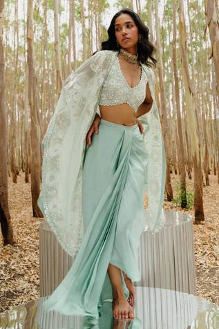 Mishru Illana Embroidered Cape & Satin Skirt Set