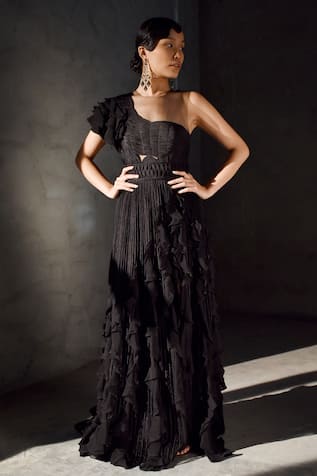 Buy Geisha Designs Black Nylon Sacha Ruffle Gown Online | Aza Fashions
