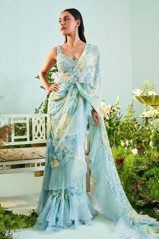 Mani Bhatia Aria Floral Print Ruffle Saree Set