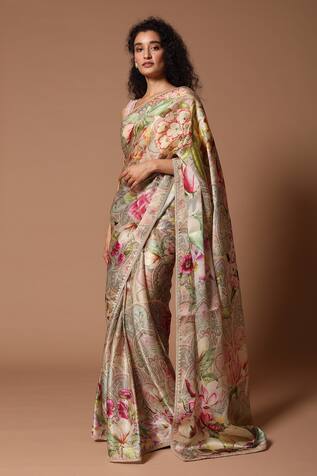 Rohit Bal Floral Print Saree With Ruched Blouse