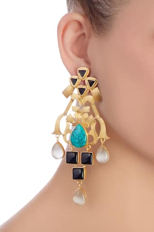 Masaya Jewellery Gold earrings with white & black stones