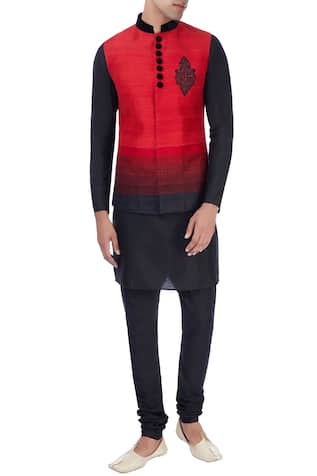 Manish Nagdeo Red & black nehru jacket with kurta & trousers