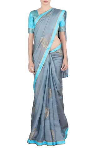 Latha Puttana Grey & blue zari embroidered saree & blouse