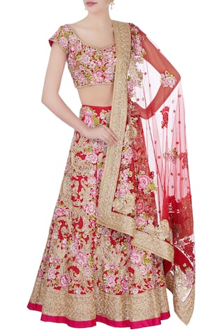 Bhairavi Jaikishan Red & pink floral bridal lehenga set