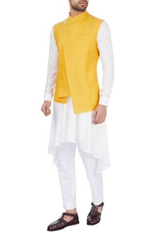 Dhruv Vaish Mustard yellow silk solid nehru jacket
