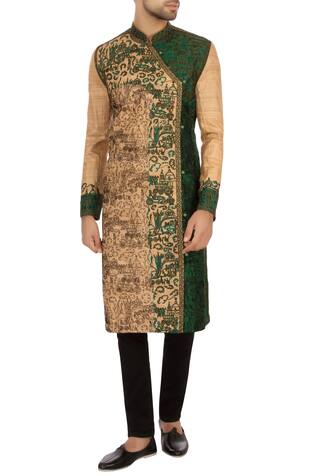 Sharbari Studio Beige & green tussar silk embroidered angrakha kurta set