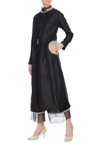SVA by Sonam & Paras Modi Black spun silk crop top & palazzos with raw silk front open jacket