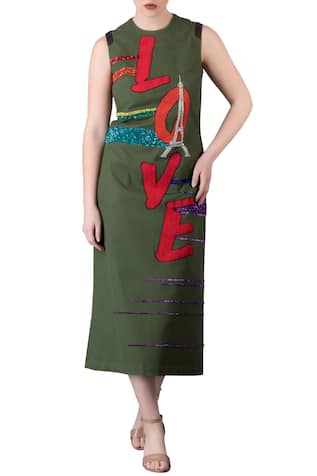 Shahin Mannan Olive green gabardine sleeveless hand embroidered midi dress