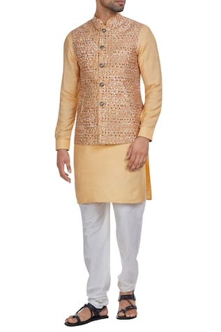 Philocaly Raw silk multicolored nehru jacket with kurta & pants