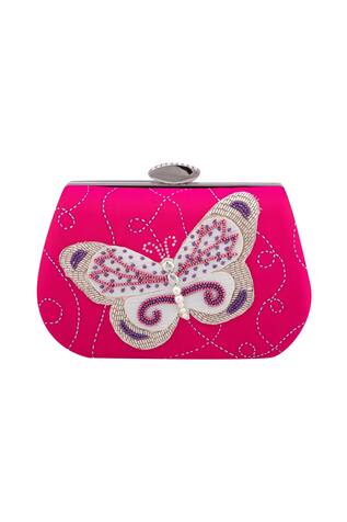 Crazy Palette Pink silk hand embroidered bead clutch with detachable chain