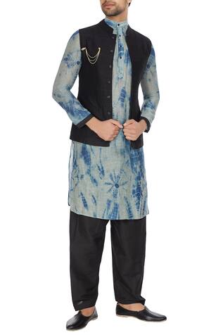 Bohame Black raw silk nehru jacket with tie-dye kurta & pants