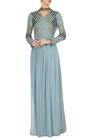 Buy Huemn Blue Embellished Flared Dress Online | Aza Fashions