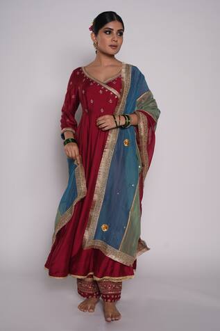 Pants and Pajamas Organza Colorblock Embroidered Dupatta