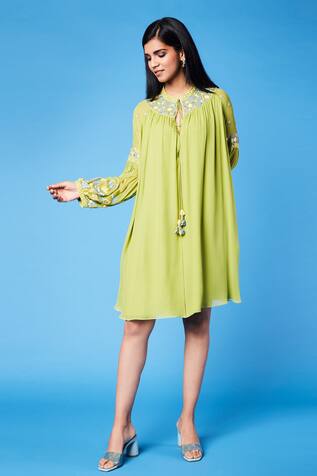 Sue Mue Puff Sleeve Embroidered Dress