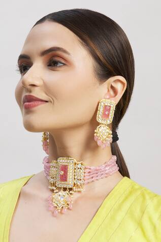 High Quality Gold Plated Cubic Zirconia & Pink Ruby Stones Crescent Design Pearls Dropping Dangler Earring Bollywood Indian Jewelry