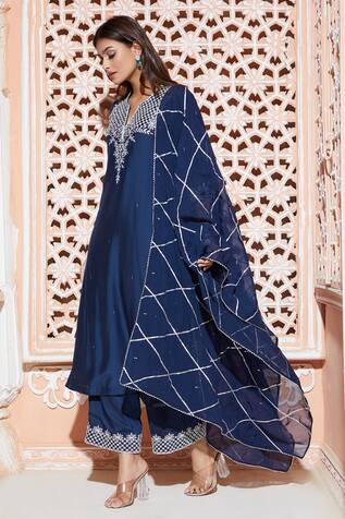 Green & Silver Zari Embroidered Straight Kurta with Palazzos And Dupatta Kurta With Palazzos And Dupatta Indian Ethnic Dress For Women