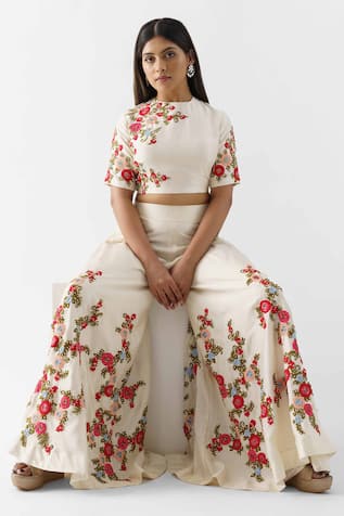 Suruchi Parakh Floral Embroidered Palazzo & Crop Top Set