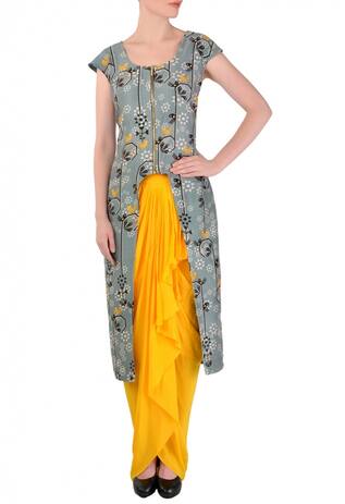 Soup by Sougat Paul Light grey bird printed tunic with yellow dhoti skirt