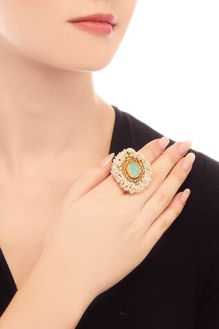 Zariin Gold plated ring with turquoise stone & filigree cutwork