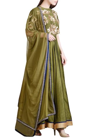 Sahil Kochhar Olive green sequin embroidered anarkali set