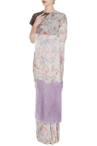 Anavila Purple floral batik hand woven linen saree with unstitched blouse