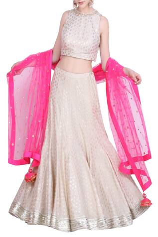 Nikasha Crepe foil printed lehenga with sleeveless blouse & net pink dupatta