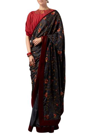Shasha Gaba Flower motif embroidered saree with pleated pattern blouse