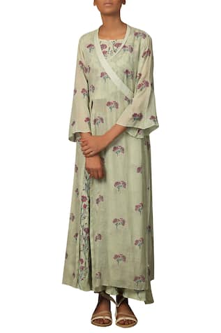 Priyam Narayan Floral printed long jacket with crop top and skirt