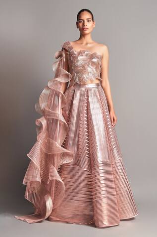 Amit Aggarwal Metallic Ruffle Draped Blouse & Lehenga Set
